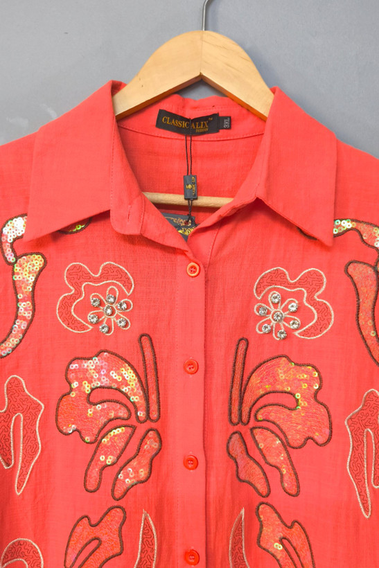 مانتو لینن سرخابی با جزئیات کار شده