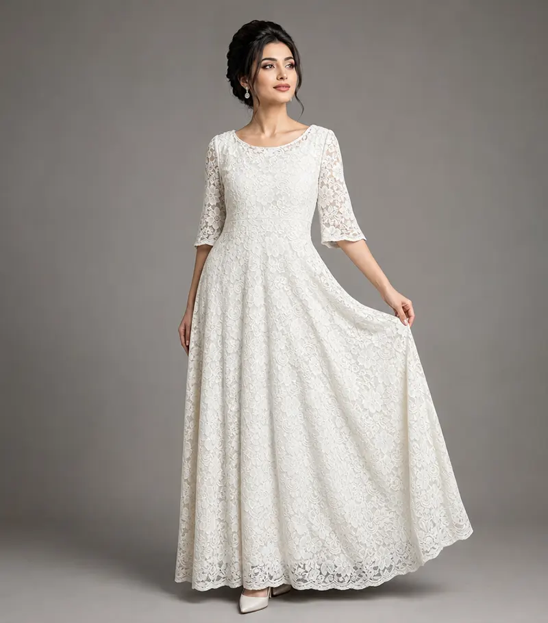 پیراهن زنانه مجلسی دانتل وارداتی یقه گرد سفید مدل ۱۲۳۹