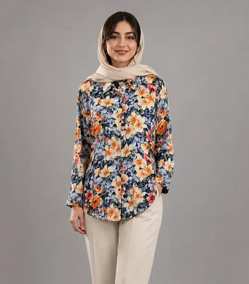 شومیز زنانه نخی یقه مردونه گلدار مدل ۱۲۶۷