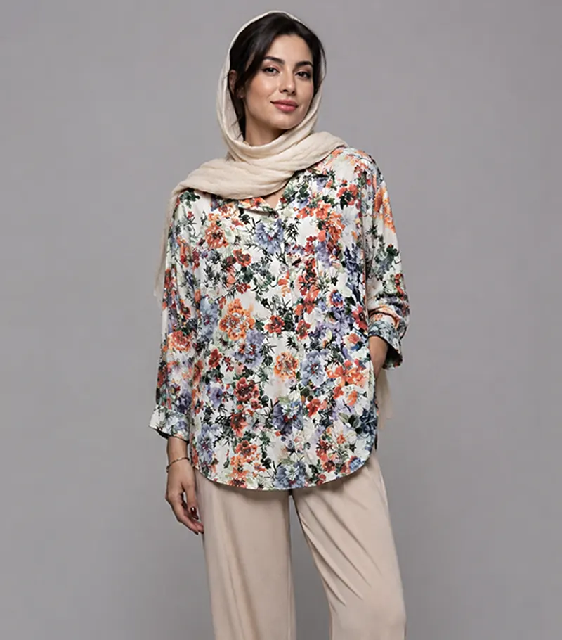 شومیز زنانه نخی یقه برگردان گلدار مدل ۱۲46