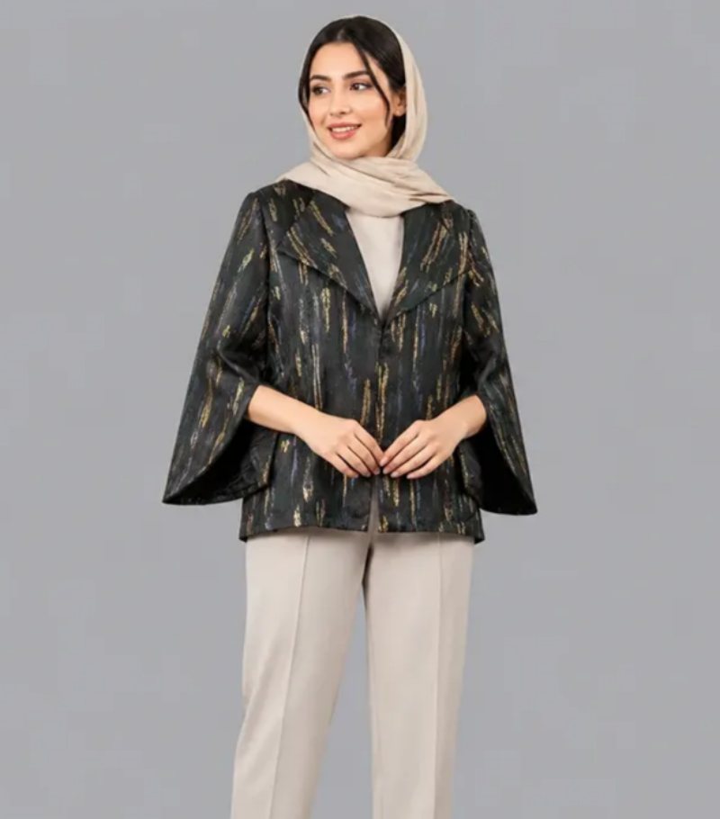 کت زنانه ژاکارد مجلسی یقه آرشال مشکی مدل ۱۲۱۱
