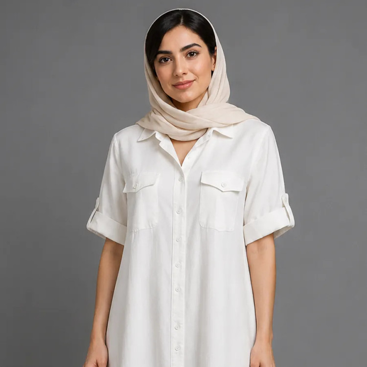 پیراهن زنانه کتان وارداتی یقه مردونه سفید ۱۴۰۴