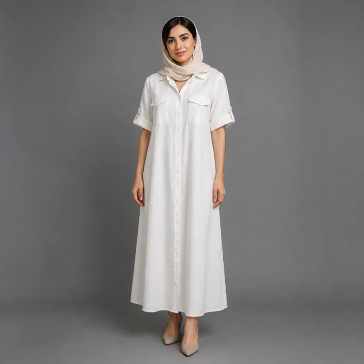 پیراهن زنانه کتان وارداتی یقه مردونه سفید ۱۴۰۴